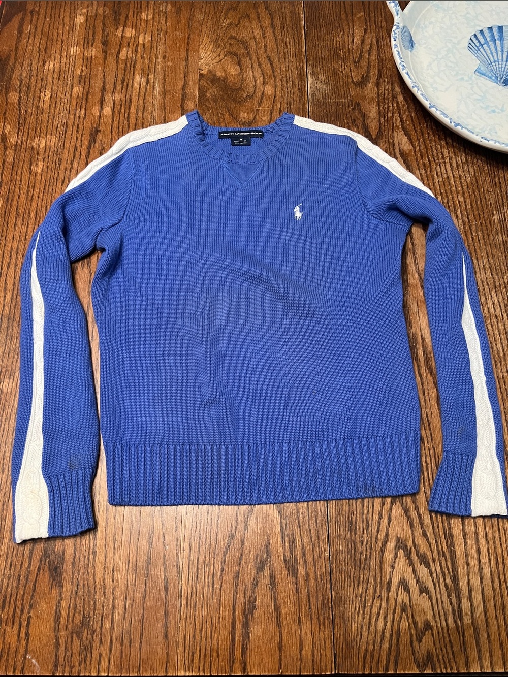 Ralph Lauren Golf Royal Blue Crewneck Sweater with White cable Sleeve Stripes